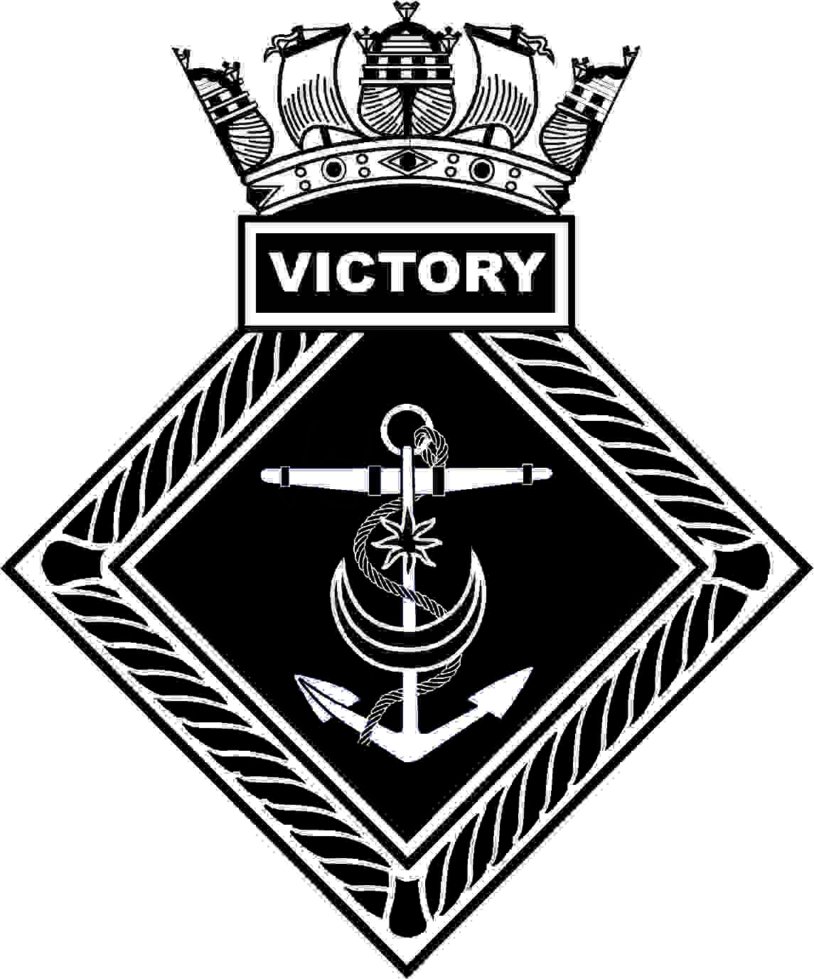 Completed artwork for ships crest of HMS Victory is a diamond shaped ships crest surrounded by a rope border with a box with the name Victory on top. Above this is a naval crown. Inside the rope is a ships anchor with a rope, a star and a crescent opening upward.  