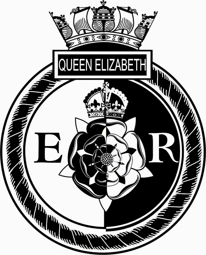 An artwork representation of the crest for HMS Queen Elizabeth is a round crest. The outer is made up of a rope with a box on top containing the words Queen Elizabeth. Above this is a naval crown. Inside the rope border is a Tudor Rose half whit half black, a crown a royal crown above and the letters E to the left and R to the right. 