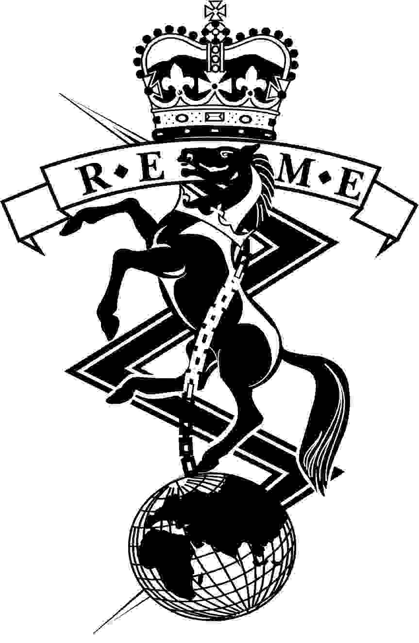 The badge of the Royal Electrical and Mechanical Engineers has a prancing horse standing on one leg on a globe. The horse has a crown around its neck with a chain falling from it down to the globe. Above the horse is a ribbon with the letters REME on it on top of which is a royal crown. Behind  all of this is a lightening bolt.