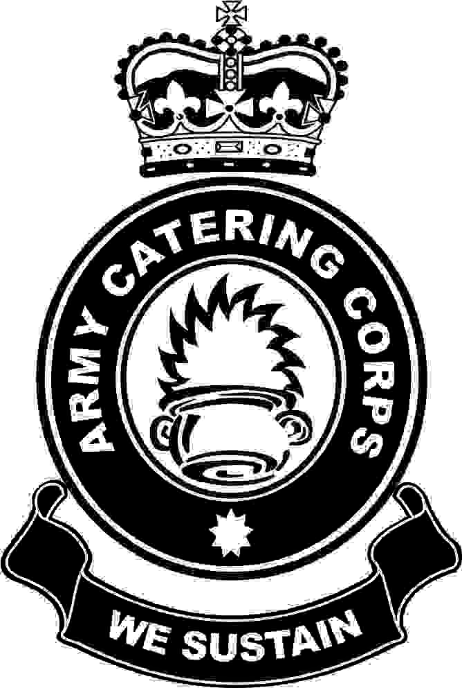 The Army Catering Corps. This artist's impression has a black ribbon on the bottom with the words We Sustain inscribed. Above this is a black circle with Army Catering Corps inscribed and inside this is a cooking pot with flames billowing out. above all of this is a Royal crown.