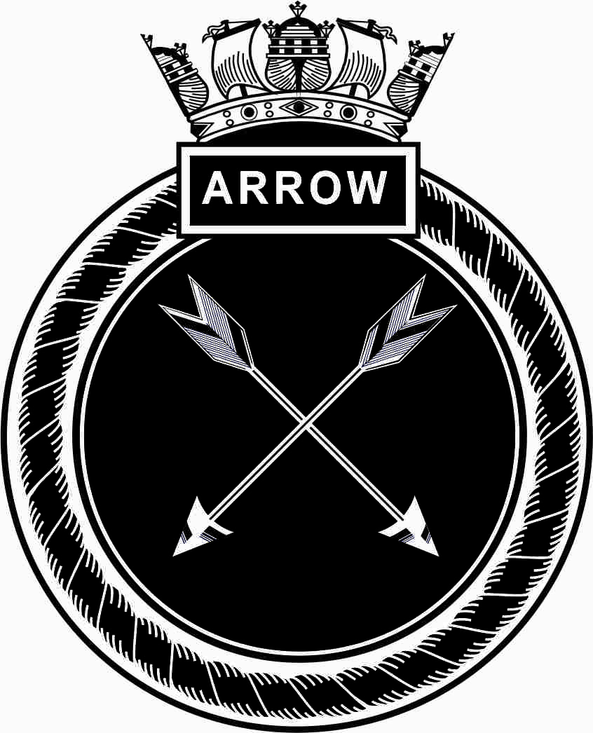 This is the crest of HMS Arrow. It is made up with an outer ring of rope with a box on top and the name Arrow engraved. The centre of the crest is a black background with crossed arrows pointing down all crowned by a naval crown.