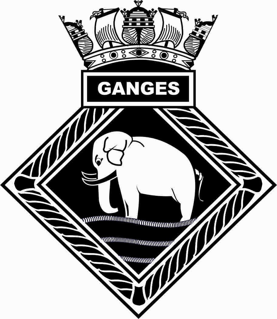 The crest of HMS Ganges is a diamond shaped rope with an elephant in the middle standing atop three sea waves. Above the Diamond shaped rope is a box with the word Ganges inside. Above this is a naval crown. 