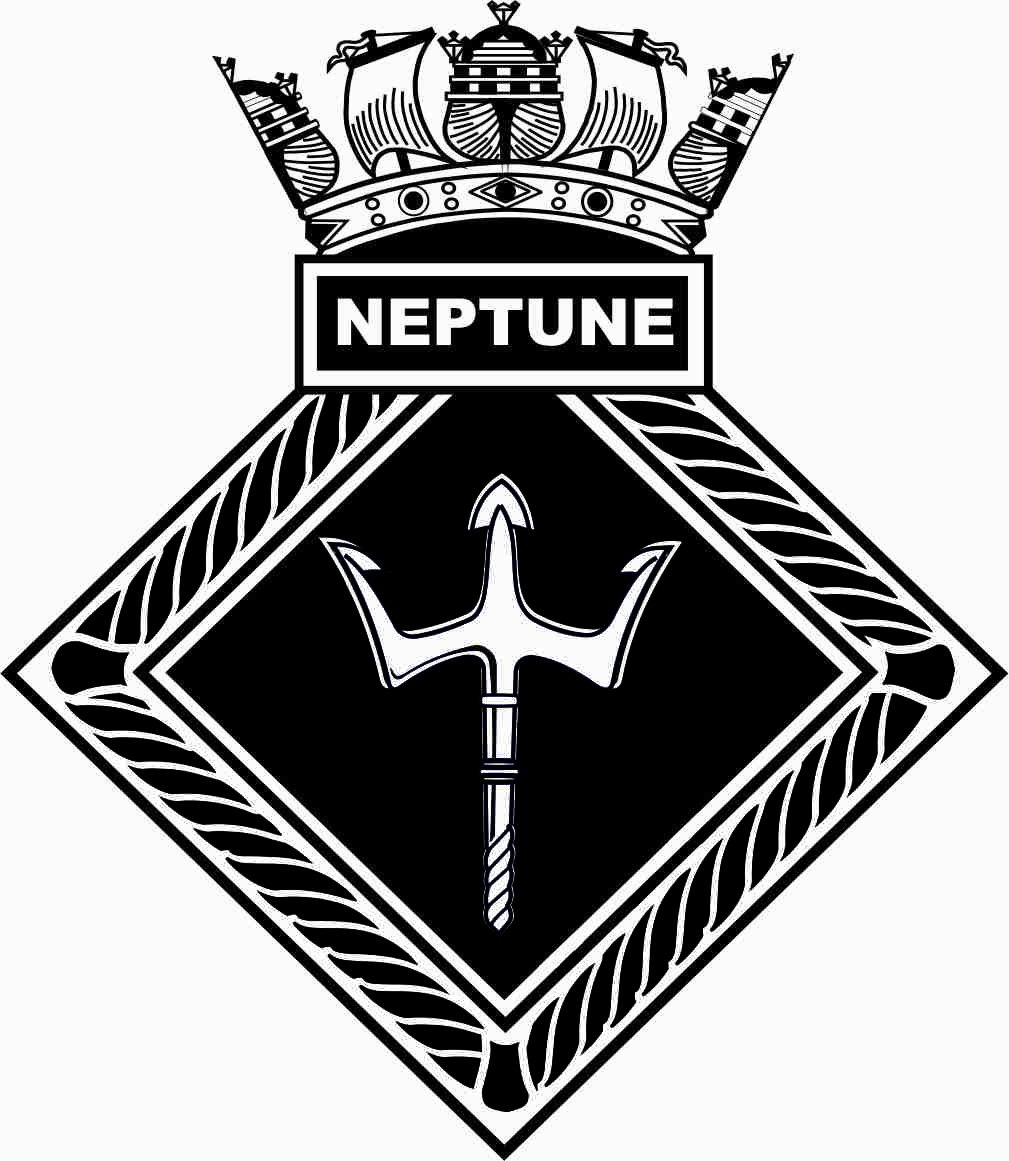 This is a diamond shaped crest. It is surrounded by a rope with the trident of the god Neptune in the middle. Above this is a box which contains the word Neptune and sitting on top of this is a naval crown.